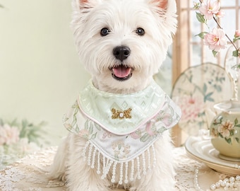 Chinoiserie Dog Bandana, Pearl Fringe Floral Bib, Small Dog Luxury Costume