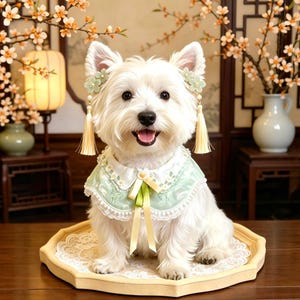 May include: A white West Highland White Terrier dog wearing a light green scalloped collar with white lace trim, a yellow ribbon bow, and two matching light green flower hair accessories with dangling cream-colored tassels on its ears.
