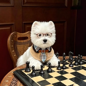 May include: A white West Highland White Terrier dog wearing round brown glasses and a tan pet collar with a blue and white plaid tie attachment. The collar features a small brown star-shaped charm and a rectangular tag with three bear icons.