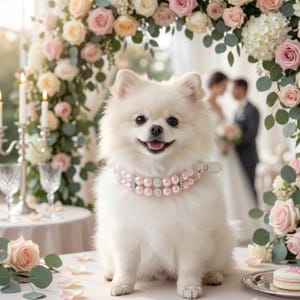 Könnte beinhalten: Ein flauschiger weißer Zwergspitz mit einem zweireihigen Halsband aus hellrosa Perlen und kleinen klaren Strasssteinen. Der Hund hat einen fröhlichen Ausdruck mit leicht geöffnetem Maul, das eine rosa Zunge zeigt, und sitzt aufrecht.