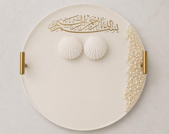 Nikkah Ring Tray – Acrylic Islamic Wedding Platter with Pearl Decor, Fully Personalized