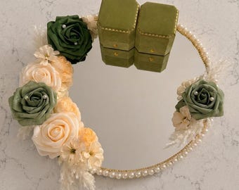 Sage Green Wedding Ring Tray Set – Personalized Mirror Platter with Velvet Boxes