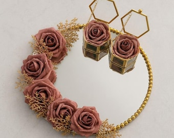 Personalized Mirror Wedding Ring Tray Set – Dusty Rose Floral Engagement Platter