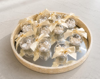 Clear Acrylic Sphere Favor Boxes – Satin Bow, Pearl Flower Embellishment, Wedding Bridal Shower Gifts