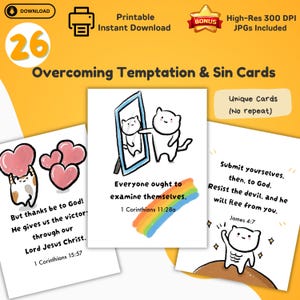 May include: A set of 26 printable cards titled Overcoming Temptation & Sin Cards featuring cartoon cat illustrations. One card shows a cat looking in a mirror with the text Everyone ought to examine themselves. 1 Corinthians 11:28a and a rainbow.