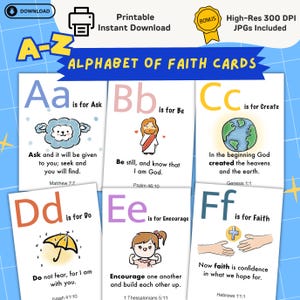 Op de afbeelding: Een set van zes printbare alfabetkaarten getiteld Alphabet of Faith Cards, met de letters A tot en met F en illustraties van een schaap, een figuur, de aarde, een paraplu, een persoon en handen, vergezeld van bijbelverzen en tekst.