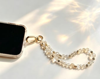 Faceted Golden Rutilated Quartz Phone Strap, Bag Charm, Rock Quartz Accents