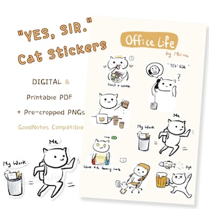 Może przedstawiać: Cyfrowy arkusz naklejek zatytułowany "YES, SIR." Cat Stickers Office Life by Melissa, zawierający różne ręcznie rysowane białe koty w sytuacjach biurowych, w tym jedzenie, korzystanie z telefonu, pracę przy laptopie, granie i wychodzenie.