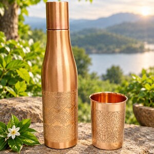Peut inclure: Une bouteille d'eau en cuivre et un gobelet en cuivre assorti. La bouteille présente un corps cylindrique avec un goulot étroit et un bouchon, orné d'un motif floral en relief sur la moitié inférieure. Le gobelet porte un motif floral similaire.