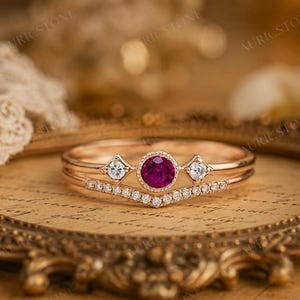 Ruby Wedding Ring Set, 925 Sterling Silver Ring, Stackable Bridal Ring Set, July Birthstone Jewelry, Promise Ring for Her