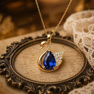 Blue Sapphire Swan Pendant Necklace, 925 Sterling Silver Pendant, Pear Cut Sapphire Jewelry, Elegant Gift for Her, Anniversary Necklace