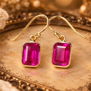 Ruby Drop Earrings, 925 Sterling Silver Ruby Earrings, Octagon Cut Red Gemstone Earrings, Elegant Dangle Earrings, Gift for Her
