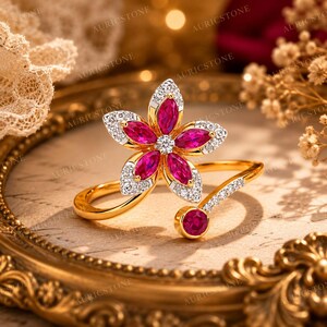 Ring robijnbloem, 925 sterlingzilveren ring, open ring bloemen, robijnrode ring marquise geslepen, geboortesteen juli, cadeau voor haar