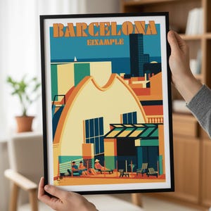 May include: A framed art print with a retro travel poster design for Barcelona. The poster features the city name in orange, with a stylized illustration of buildings, people, and the sea in shades of blue, orange, and yellow.