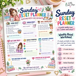 Puede incluir: Una hoja de trabajo imprimible Sunday Reset Planner con ilustraciones coloridas de una persona, un gato, plantas y libros. El diseño incluye secciones para el hogar, la mente, comidas, cuidado personal y prioridades semanales con casillas.