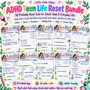 Könnte beinhalten: Ein digitales Set aus 10 ausdruckbaren ADHD-Teenager-Reset-Tools mit farbenfrohen Überschriften und Checklisten für Schule, Zimmer, Rucksack, Wochenplanung, Schlaf und Bildschirmzeit. Die Seiten enthalten Vorlagen für tägliche Aufgaben.
