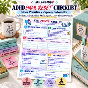 Puede incluir: Una hoja de papel con la ADHD Email Reset Checklist, impresa con texto e iconos en azul, rosa y verde. El formulario incluye secciones para establecer un periodo de reinicio, encontrar prioridades, decidir acciones y gestionar correos electrónicos.