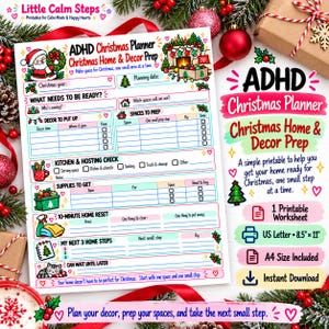 May include: A printable ADHD Christmas planner worksheet titled Christmas Home & Decor Prep. The document features sections for planning dates, decor lists, kitchen hosting checks, supply tracking, home reset tasks, and home steps with festive illustrations.