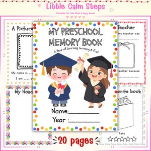 Könnte beinhalten: Ein druckbares Vorschul-Erinnerungsbuch-Cover mit zwei Zeichentrickkindern in Abschlusskappen und Roben. Der Titel lautet My Preschool Memory Book, A Year of Learning, Growing & Fun! mit Feldern für Name und Jahr, umrahmt von einem bunten Punkte-Rand.