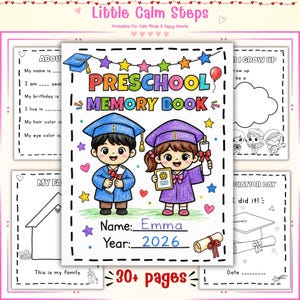 May include: A preschool memory book printable featuring a colorful cover with two children in graduation caps and gowns, holding diplomas. The text reads Preschool Memory Book, Name Emma, Year 2026, and 30+ pages. Includes additional activity pages.