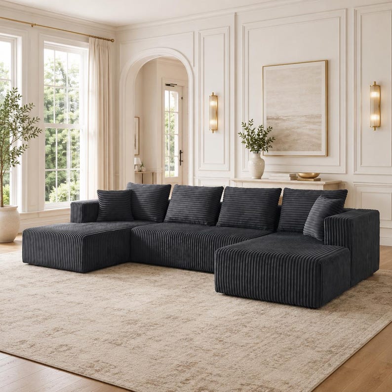 Op de afbeelding: Een grote antracietgrijze hoekbank van gestructureerde corduroy stof met een laag profiel en meerdere vierkante rugkussens. Het modulaire meubelstuk heeft twee verlengde chaise longue-secties aan de uiteinden en een centraal zitgedeelte.