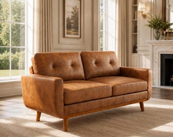 65 Inch Modern Loveseat Sofa, Mid Century Two Seater Couch with Breathable Fabric, Solid Wood Legs, Soft Foam Cushions for Living Room