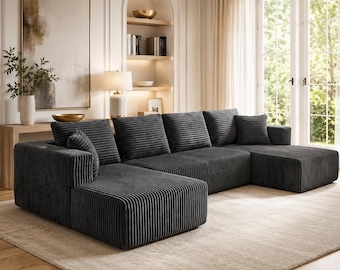 132" Modular Sectional Sofa, U-Shaped Corduroy Couch with Double Chaise, Oversized Deep Seat Cloud Bed Lounge, No Assembly Living Room Couch