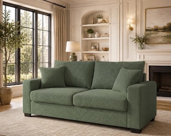 69 Inch Loveseat Sofa, Mid Century Modern Two Seater Couch, Textured Fabric Small Space Sofa with 2 Throw Pillows