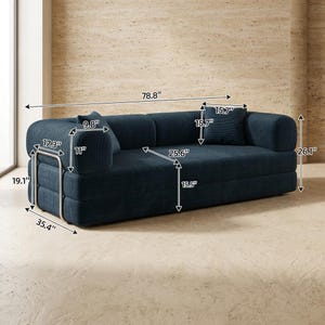 May include: A dark blue corduroy sofa with a metal frame, featuring dimensions of 78.8 inches in length, 35.4 inches in depth, and 26.1 inches in height. The seat height is 15.5 inches, with armrests measuring 11 inches high and 17.3 inches deep.