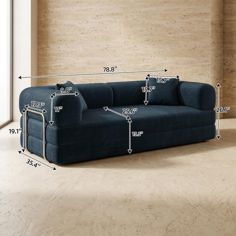 May include: A dark blue corduroy sofa with a metal frame, featuring dimensions of 78.8 inches in length, 35.4 inches in depth, and 26.1 inches in height. The seat height is 15.5 inches, with armrests measuring 11 inches high and 17.3 inches deep.