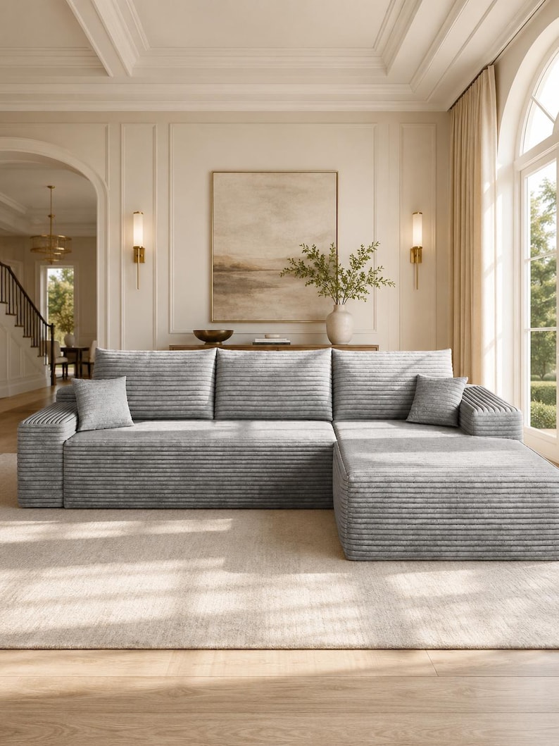 May include: A light gray sectional sofa featuring a horizontal ribbed texture across the backrests, seat cushions, and armrests. The sofa includes two square throw pillows in a matching gray fabric, positioned on the left and right sides.