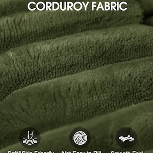 May include: Olive green corduroy fabric with a ribbed texture. The image includes the text CORDUROY FABRIC at the top and three circular icons at the bottom with the labels Soft&Skin-Friendly, Not Easy to Pill, and Smooth Feel.