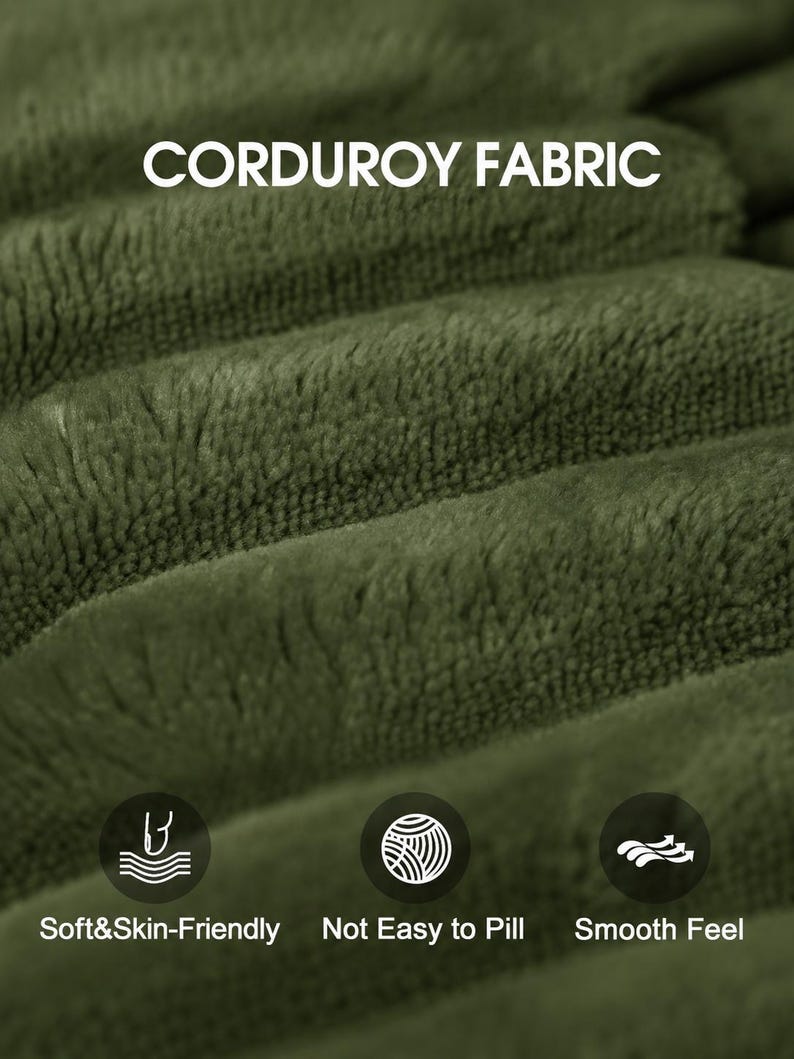 May include: Olive green corduroy fabric with a ribbed texture. The image includes the text CORDUROY FABRIC at the top and three circular icons at the bottom with the labels Soft&Skin-Friendly, Not Easy to Pill, and Smooth Feel.