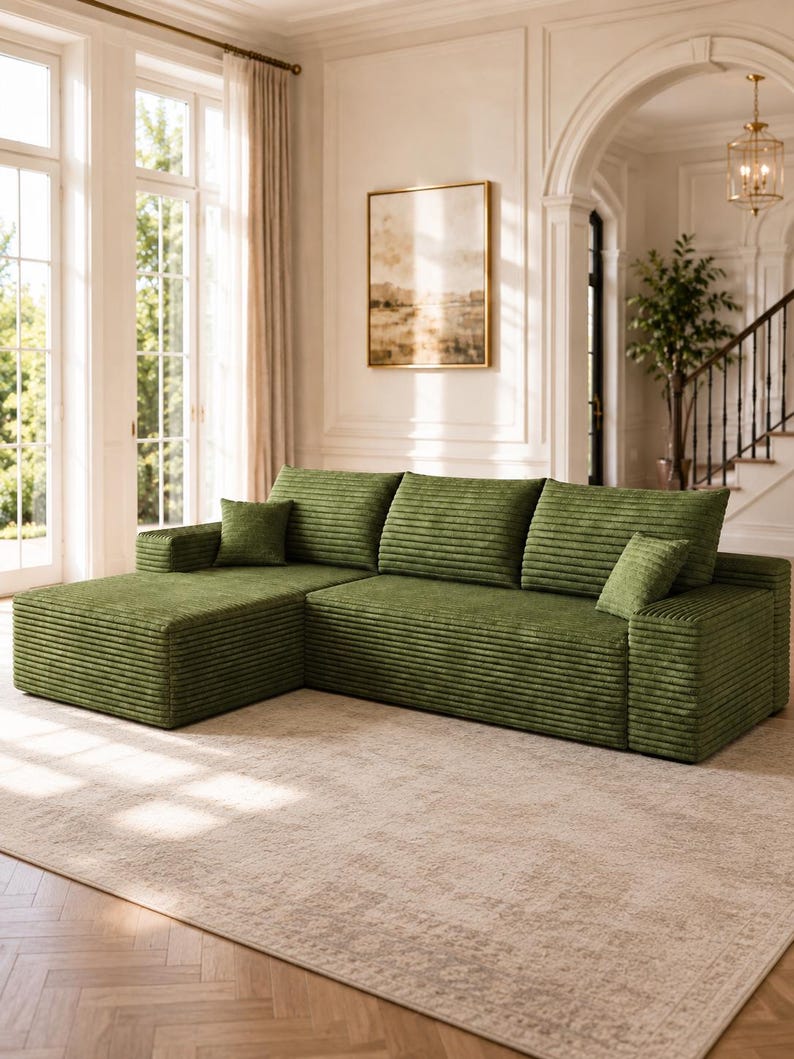 May include: A large L-shaped sectional sofa upholstered in olive green corduroy fabric. The sofa features a chaise lounge section on the left, three wide back cushions, and two small square throw pillows placed on the seat cushions.