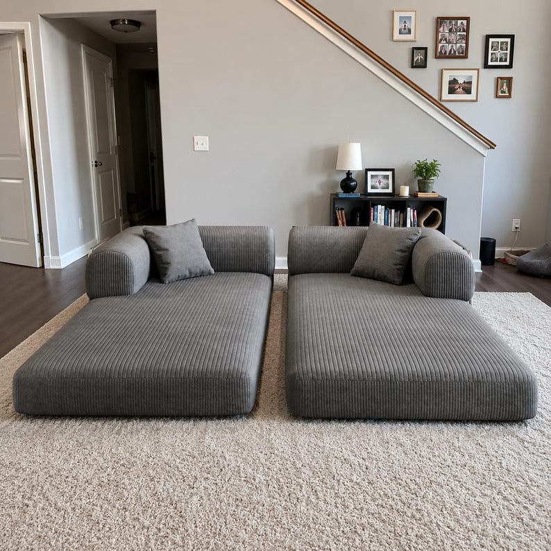 May include: Two matching gray corduroy chaise lounges, each featuring a low-profile rectangular base, a single rounded armrest on the outer side, and one square throw pillow in a coordinating gray fabric, arranged side by side on a light rug.