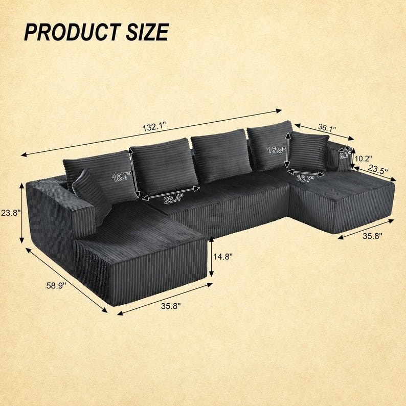 Op de afbeelding: Een donkergrijze U-vormige hoekbank van corduroy met meerdere rugkussens. De tekst PRODUCT SIZE staat bovenaan. Maatlijnen geven een totale breedte van 132,1 inch, een hoogte van 23,8 inch en diverse andere afmetingen in inches aan.