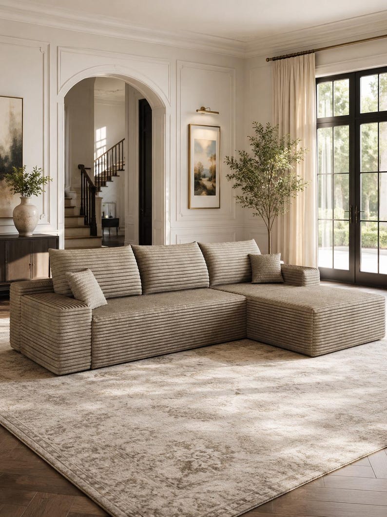 May include: A beige sectional sofa with a horizontal ribbed texture, featuring three back cushions, a chaise lounge section on the right side, and two small square throw pillows placed on the seat cushions of the sofa.