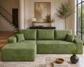 107 Inch Corduroy Sectional Sofa with L-Shaped Chaise, Deep Seats, No Assembly Required