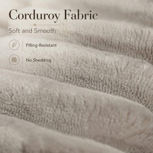 May include: A beige corduroy fabric with a soft and smooth texture. The image includes text stating Corduroy Fabric, Soft and Smooth, Pilling-Resistant, and No Shedding, accompanied by icons of a feather and a grid pattern.