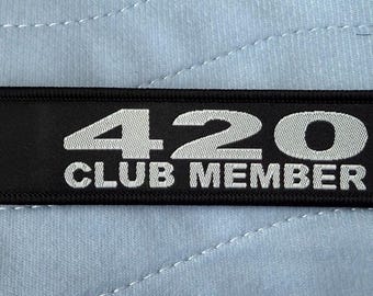 420 Club Member Embroidered Keychain Double Sided Jet Tag Cannabis Inspired Gift Black Fabric Key Ring Backpack & Luggage Accessory
