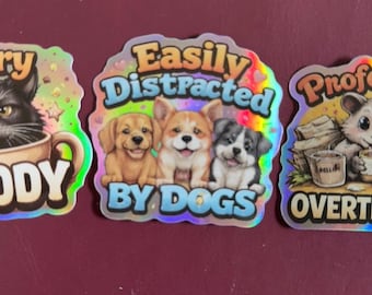 Holographic Moody Cat, Distracted By Dogs, Professional Overthinker Stickers (Waterproof Vinyl) Set or Single.