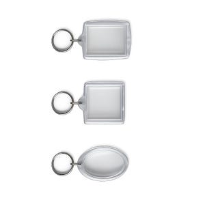 May include: Three clear acrylic keychains with silver-toned metal split rings. The set includes one rectangular keychain, one square keychain, and one oval keychain, each featuring a hollow centre frame design for inserting photos or small paper inserts.