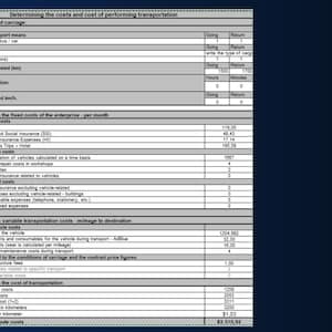 May include: A white spreadsheet document titled Determining the costs and cost of performing transportation, featuring gray headers and rows for cargo data, fixed labor costs, vehicle expenses, and variable transportation costs with numerical values.