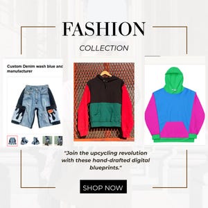 May include: A fashion collection display featuring custom denim shorts with black side panels, a color-blocked hoodie in black, green, and red, and a vibrant hoodie in green, blue, and pink. Text includes FASHION COLLECTION and SHOP NOW.