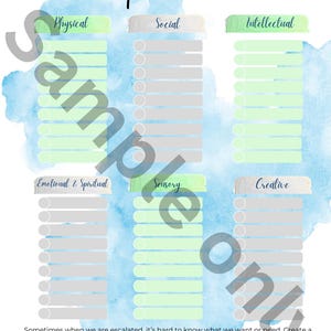 以下が含まれることがあります： 青い水彩画の背景を持つドーパミンメニューのプランナーシート。Physical、Social、Intellectual、Emotional & Spiritual、Sensory、Creativeの6つのカテゴリーがあり、それぞれに個人的なメモを書くための空白の行のリストが含まれています。