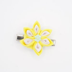 Handmade Kanzashi Flower Hair clip in yellow with lilac petals and aqua swarovski crystals
