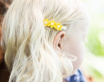 Yellow hair clip, triple floral clip, tiny flowers, fabric flowers, Kanzashi barrette, hair accessory, fringe clip, birthday gift