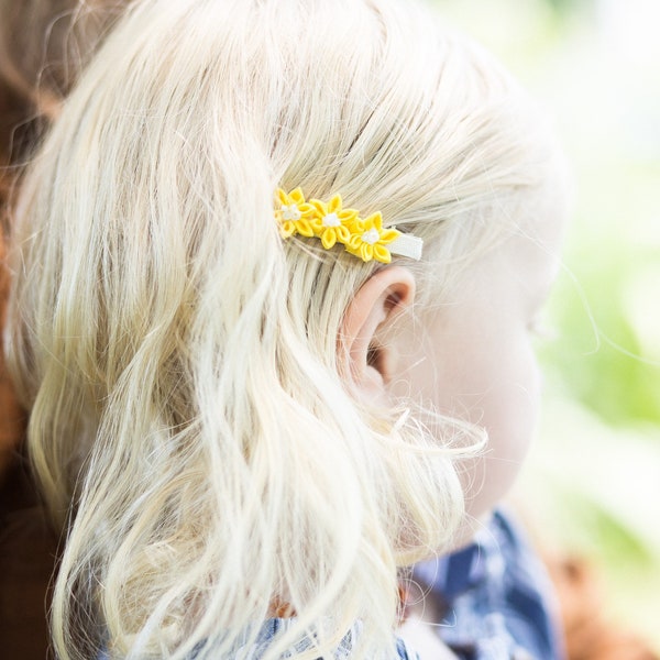 Yellow hair clip, triple floral clip, tiny flowers, fabric flowers, Kanzashi barrette, hair accessory, fringe clip, birthday gift