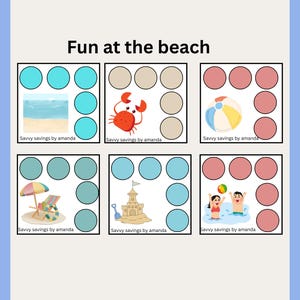 May include: A printable activity sheet titled Fun at the beach featuring six square boxes. Each box contains a beach-themed illustration, including a crab, beach ball, umbrella, sandcastle, and children playing, with circles for dot markers.