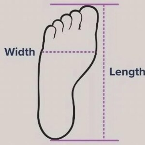 May include: A black outline illustration of a human foot on a light background. The image features purple dashed lines indicating the measurement points for the foot, with the text labels Width and Length clearly displayed next to the lines.